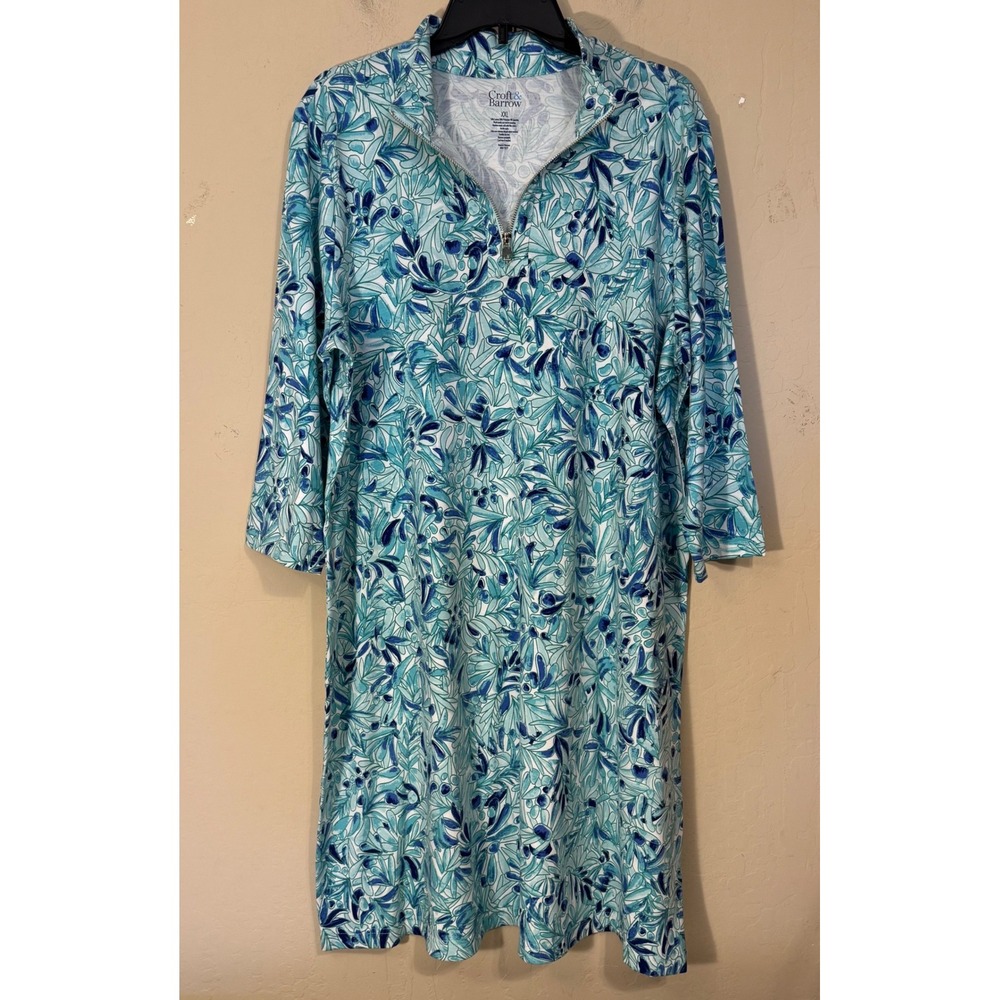 Croft & Barrow Shift Dress Women XXL Blue Teal Botanical 3/4 Sleeve Zip Neck NEW